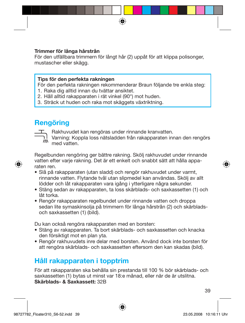 Rengöring, Håll rakapparaten i topptrim | Braun 310 Series 3 User Manual | Page 38 / 49