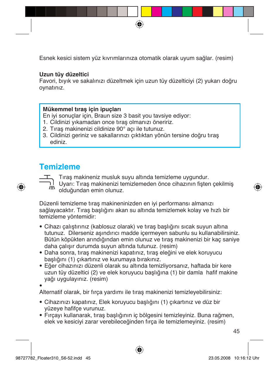 Temizleme | Braun 310 Series 3 User Manual | Page 44 / 49