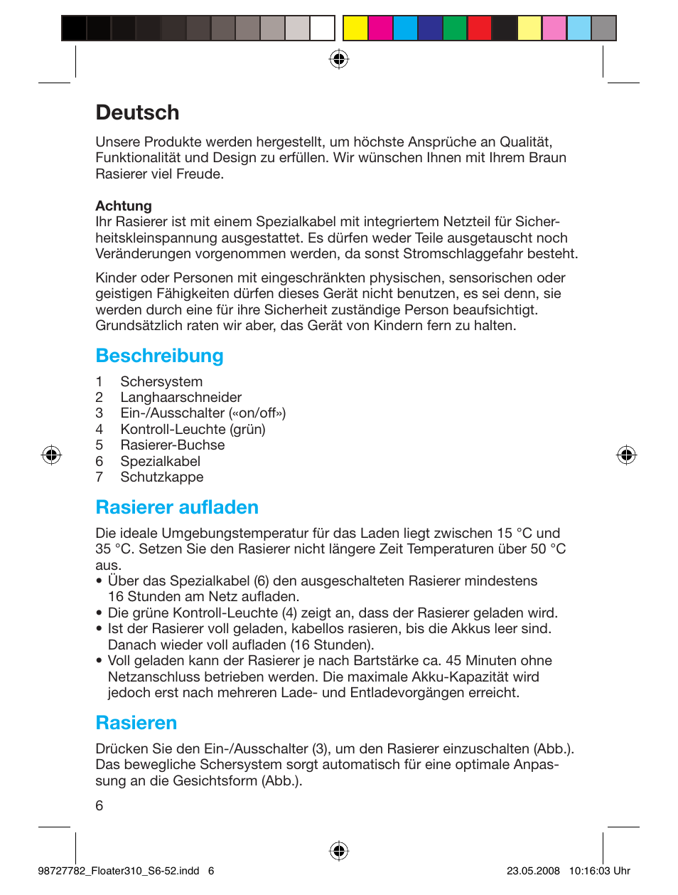 Deutsch, Beschreibung, Rasierer aufladen | Rasieren | Braun 310 Series 3 User Manual | Page 5 / 49