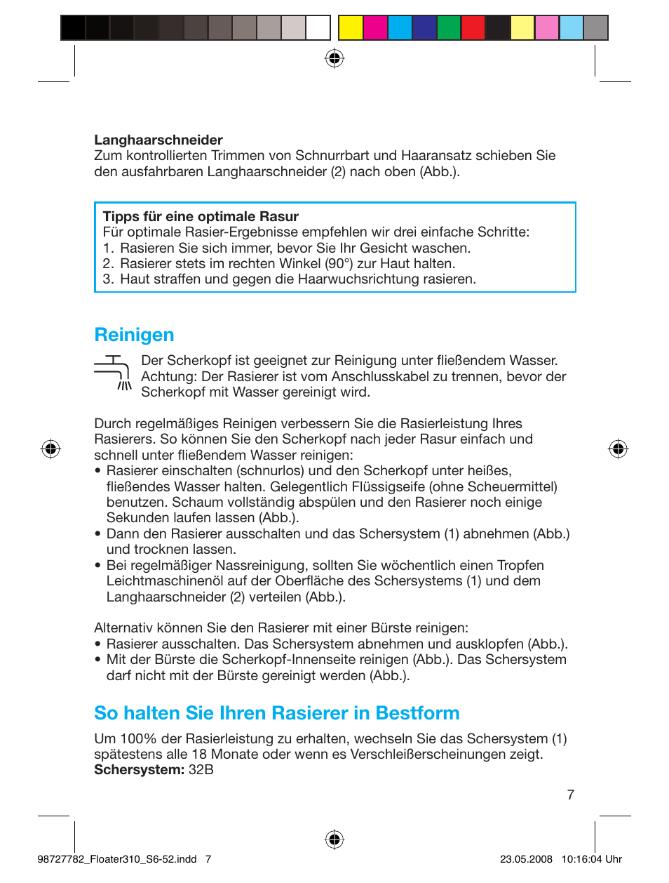 Reinigen, So halten sie ihren rasierer in bestform | Braun 310 Series 3 User Manual | Page 6 / 49