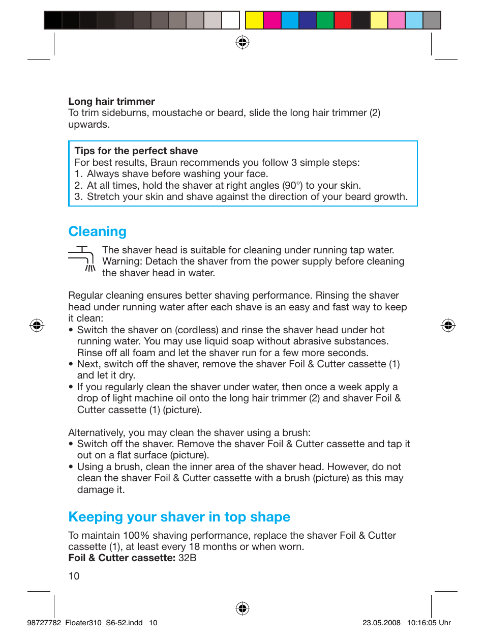 Cleaning, Keeping your shaver in top shape | Braun 310 Series 3 User Manual | Page 9 / 49