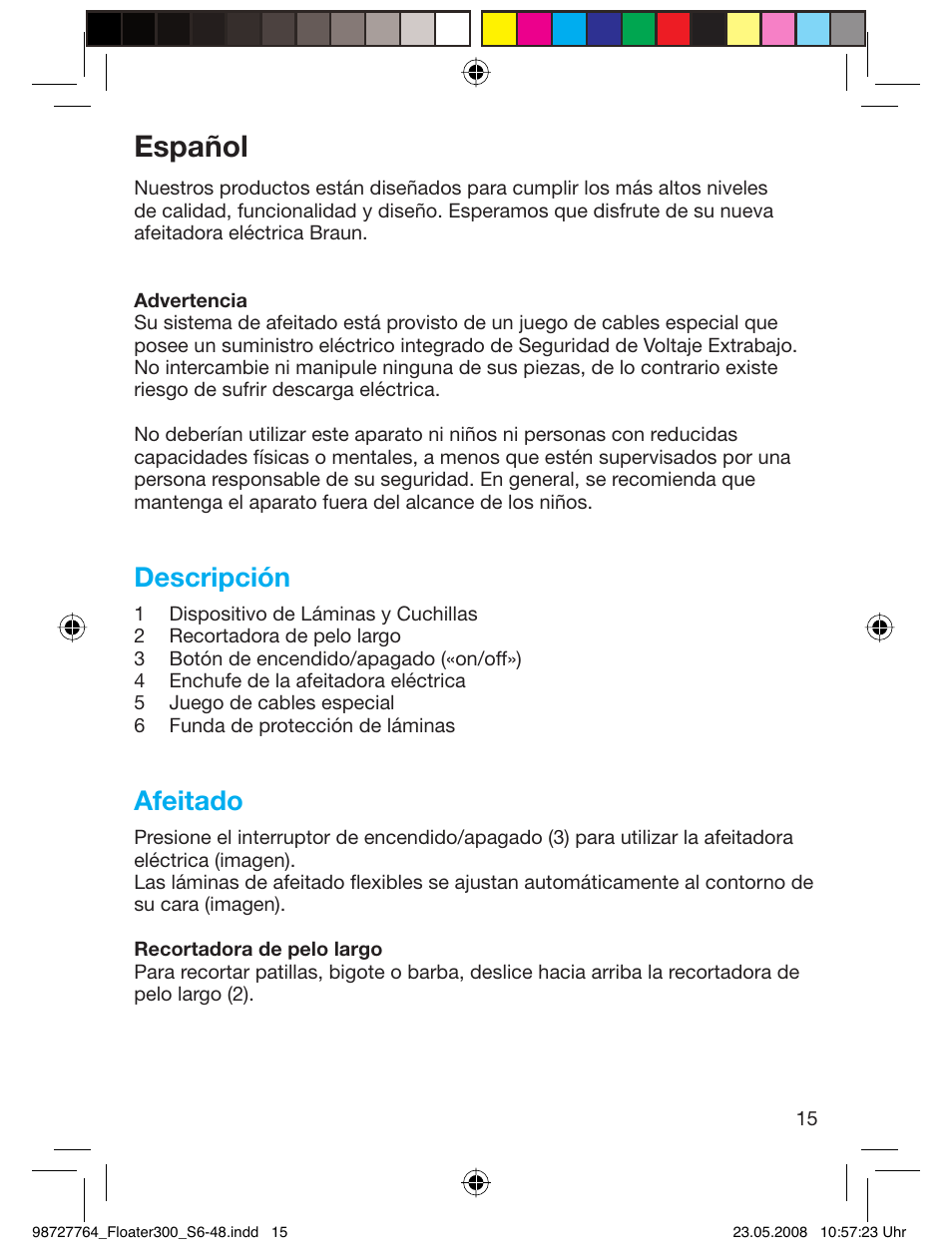 Español, Descripción, Afeitado | Braun 300-5778 Series 3 User Manual | Page 14 / 45