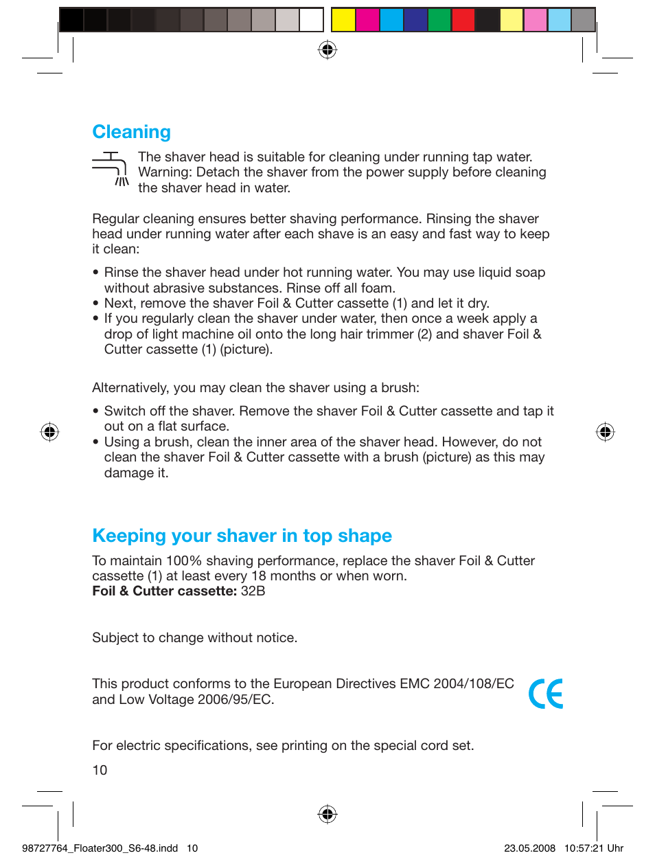 Cleaning, Keeping your shaver in top shape | Braun 300-5778 Series 3 User Manual | Page 9 / 45