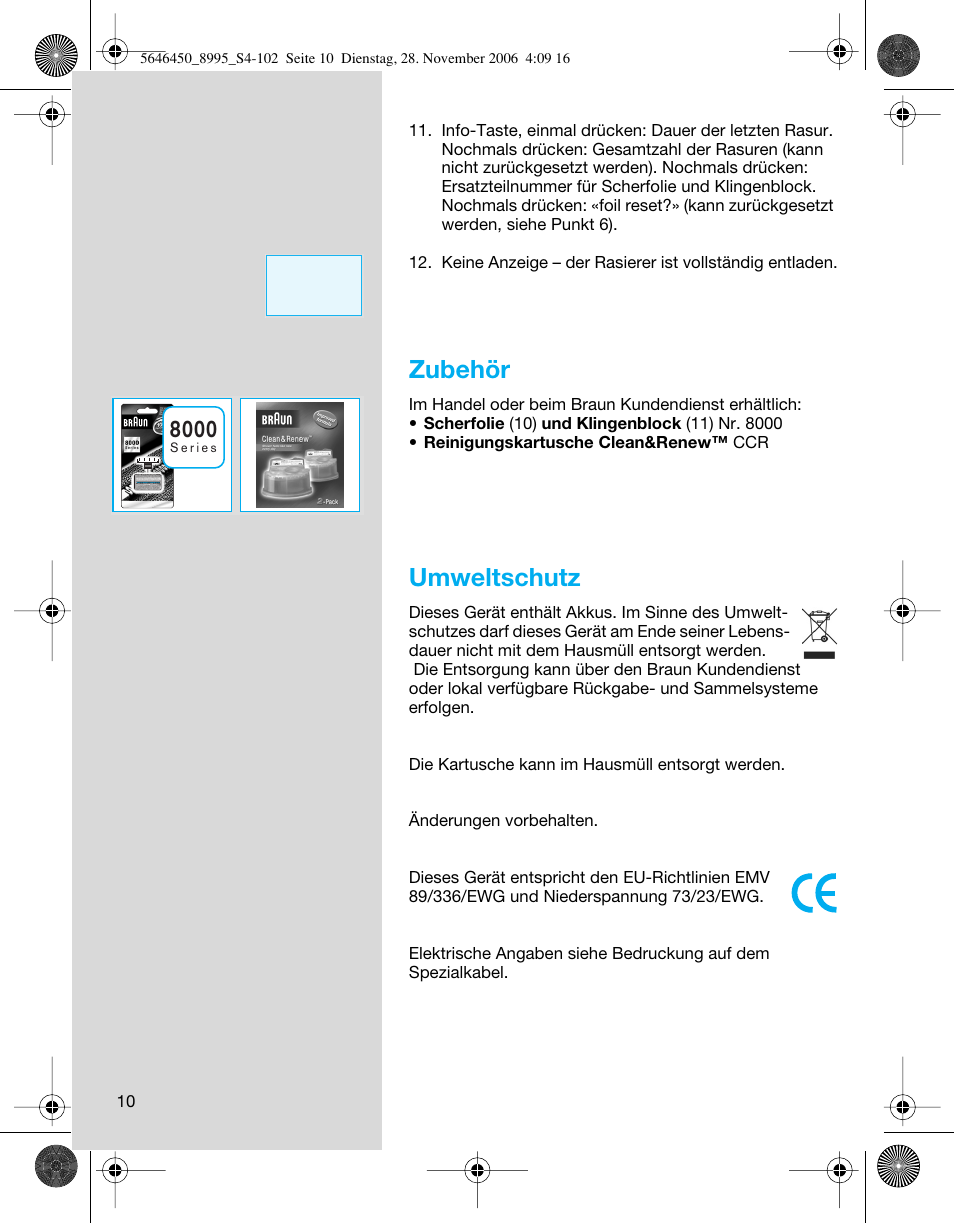 Zubehör, Umweltschutz | Braun 8995 360°Complete User Manual | Page 10 / 99