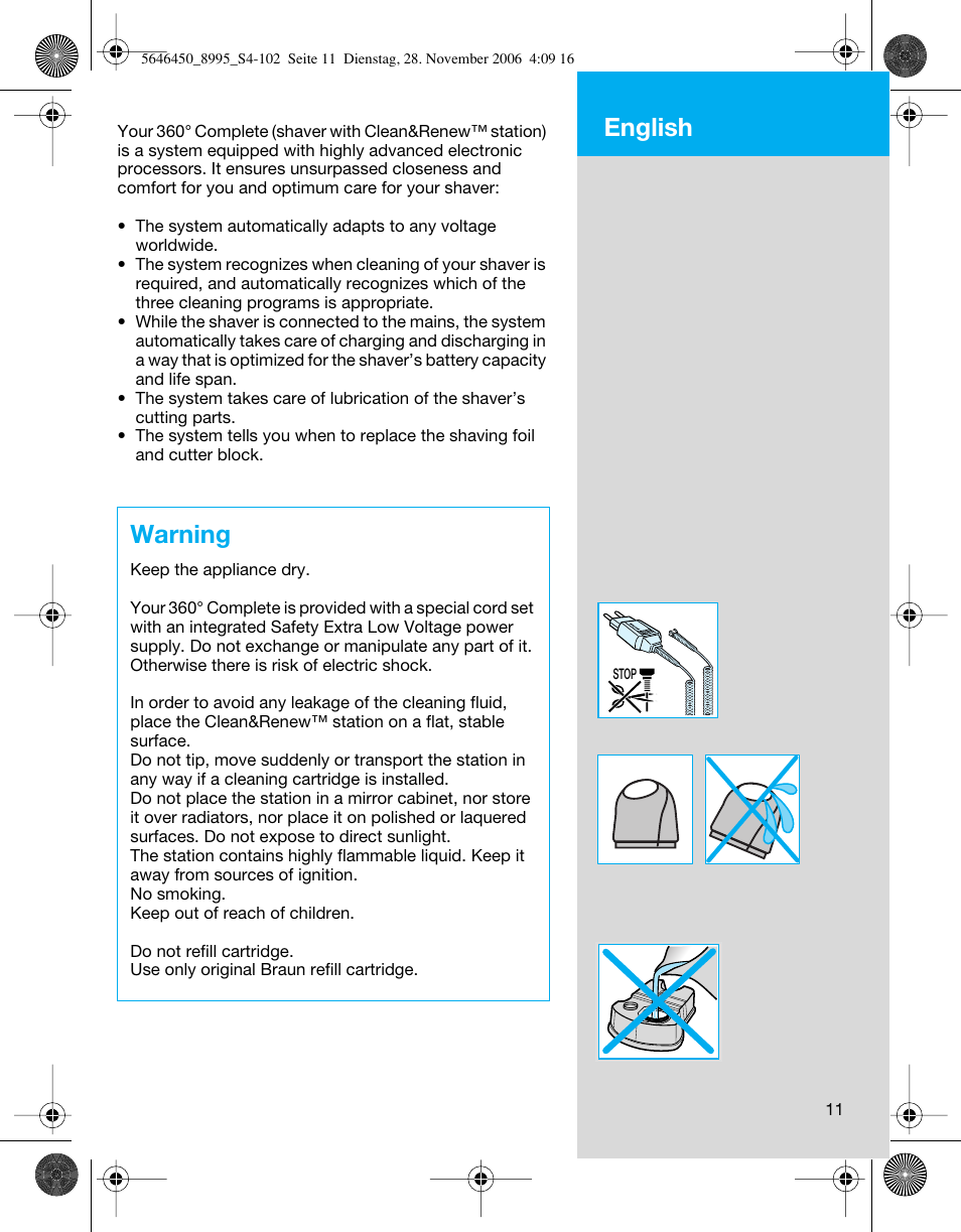 Warning, English | Braun 8995 360°Complete User Manual | Page 11 / 99