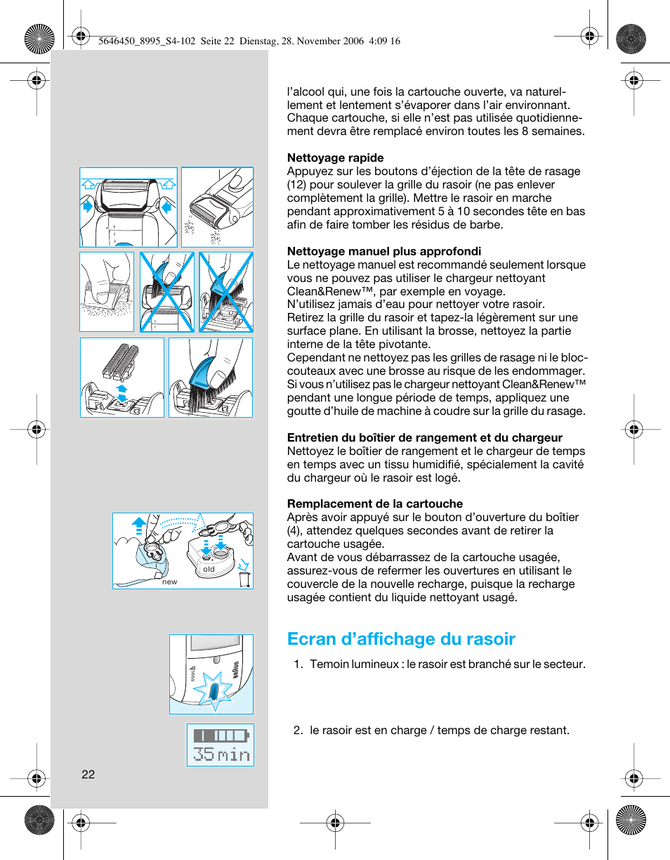 Ecran d’affichage du rasoir | Braun 8995 360°Complete User Manual | Page 22 / 99