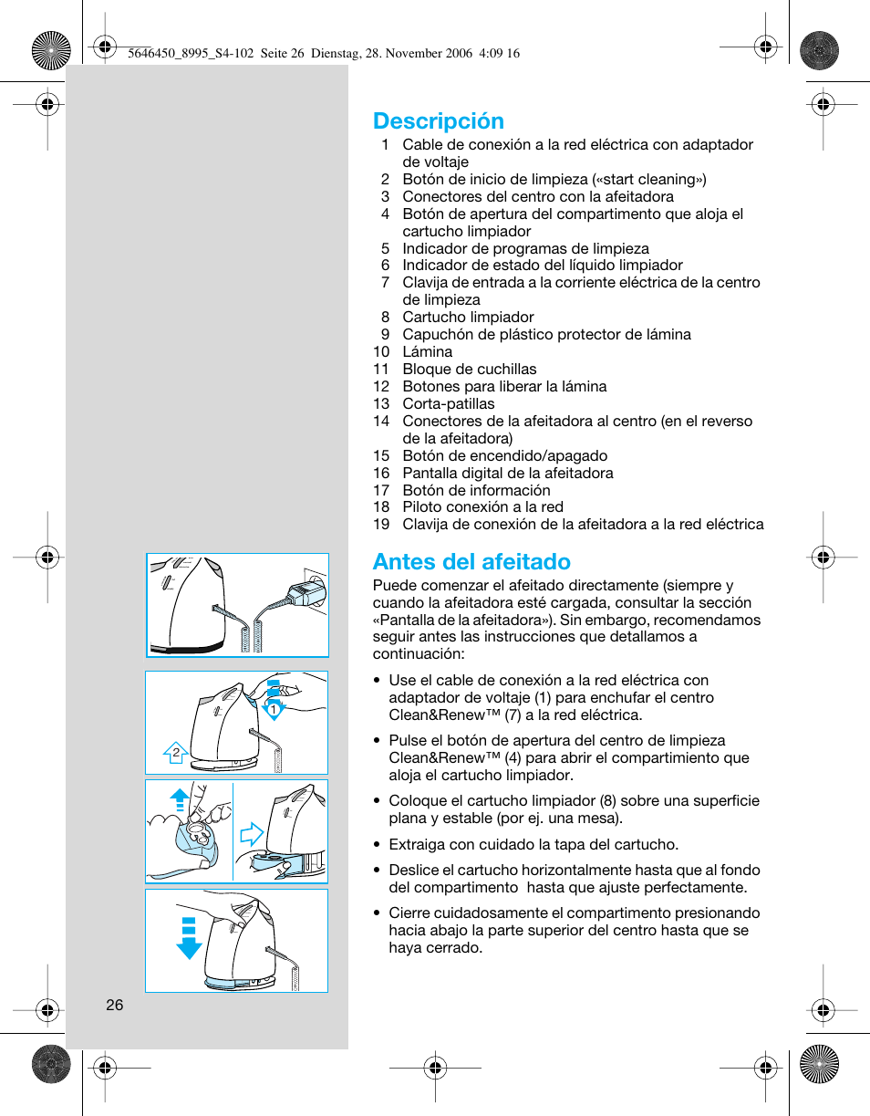 Descripción, Antes del afeitado | Braun 8995 360°Complete User Manual | Page 26 / 99