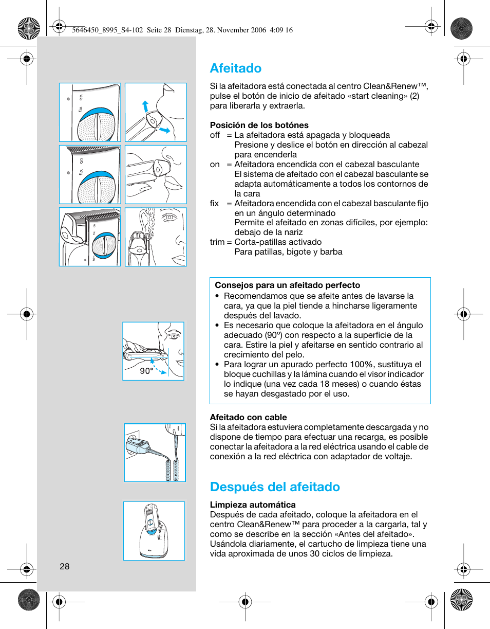 Afeitado, Después del afeitado | Braun 8995 360°Complete User Manual | Page 28 / 99