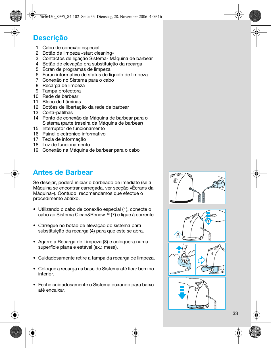 Descrição, Antes de barbear | Braun 8995 360°Complete User Manual | Page 33 / 99