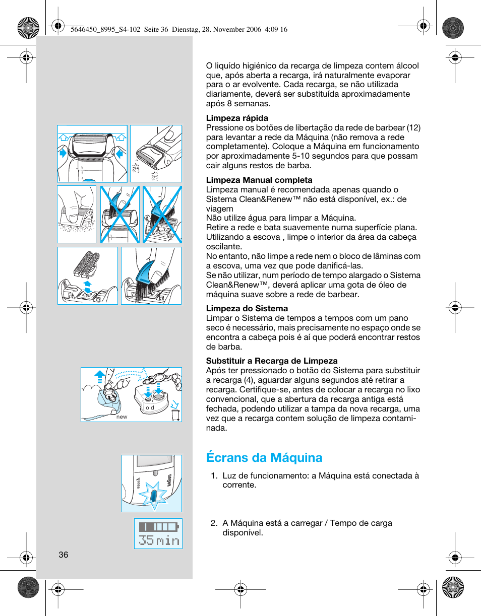 Écrans da máquina | Braun 8995 360°Complete User Manual | Page 36 / 99