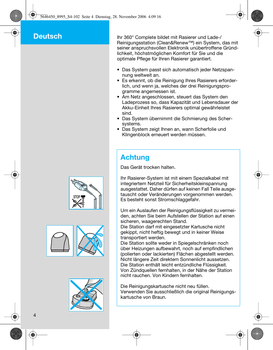 Achtung, Deutsch | Braun 8995 360°Complete User Manual | Page 4 / 99