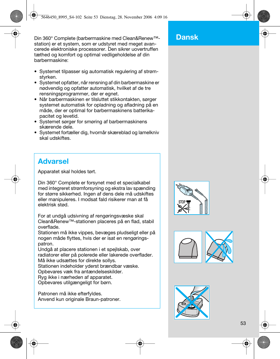 Advarsel, Dansk | Braun 8995 360°Complete User Manual | Page 53 / 99