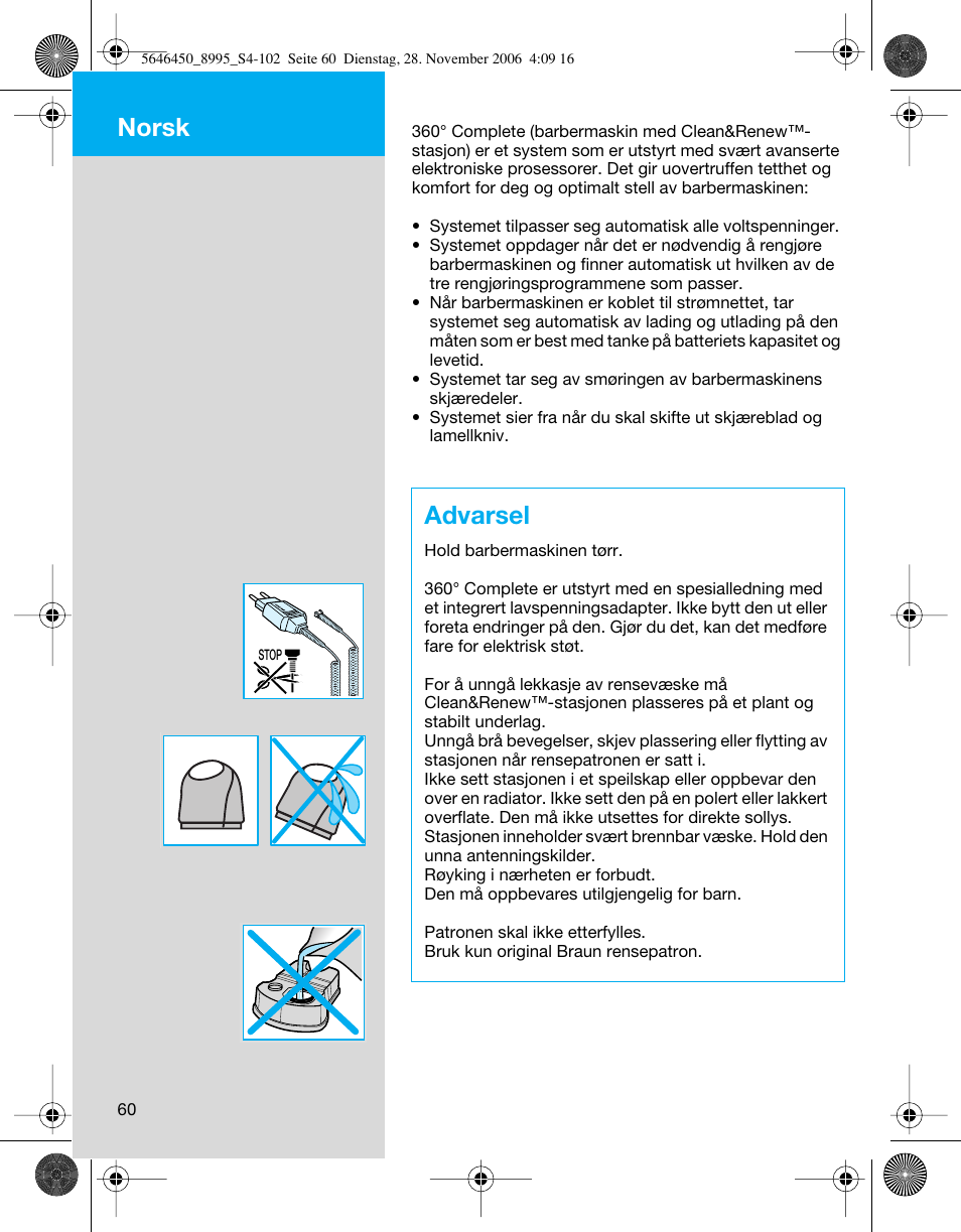 Advarsel, Norsk | Braun 8995 360°Complete User Manual | Page 60 / 99