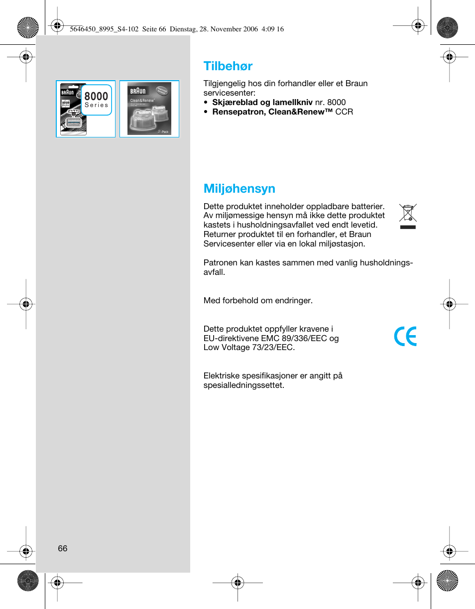 Tilbehør, Miljøhensyn | Braun 8995 360°Complete User Manual | Page 66 / 99