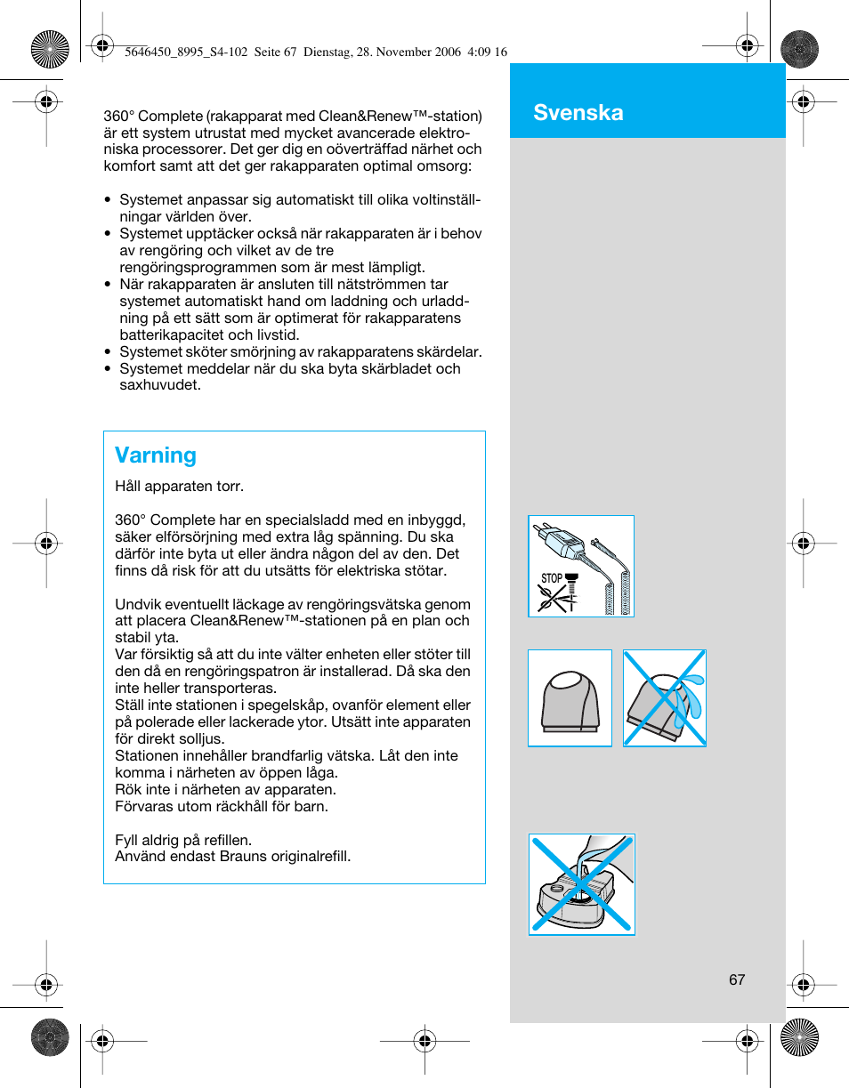 Varning, Svenska | Braun 8995 360°Complete User Manual | Page 67 / 99