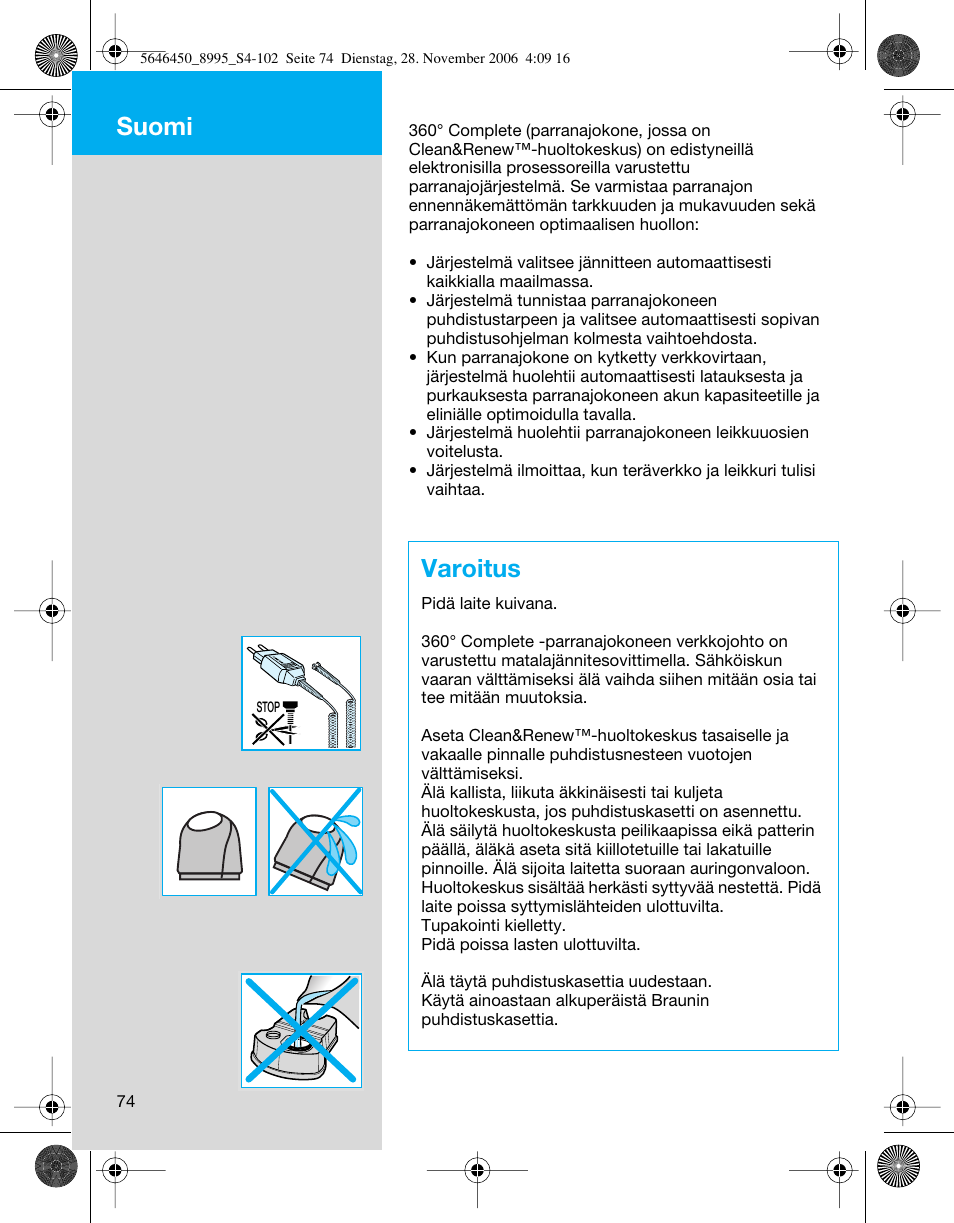 Varoitus, Suomi | Braun 8995 360°Complete User Manual | Page 74 / 99