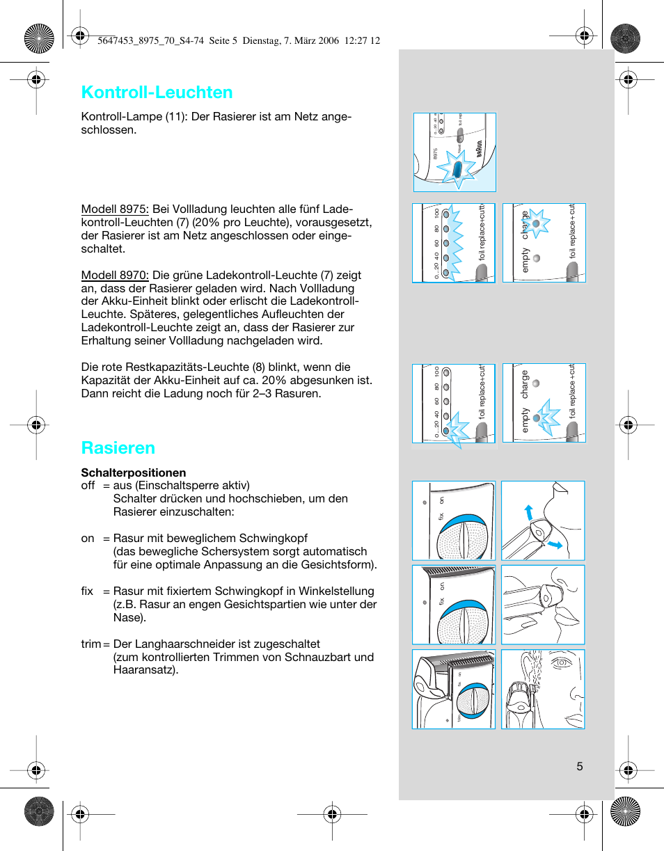 Kontroll-leuchten, Rasieren | Braun 8975 360°Complete Solo  EU User Manual | Page 5 / 70