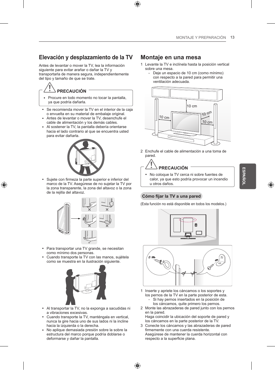 Elevación y desplazamiento de la tv, Montaje en una mesa | LG 50PB560U User Manual | Page 122 / 227