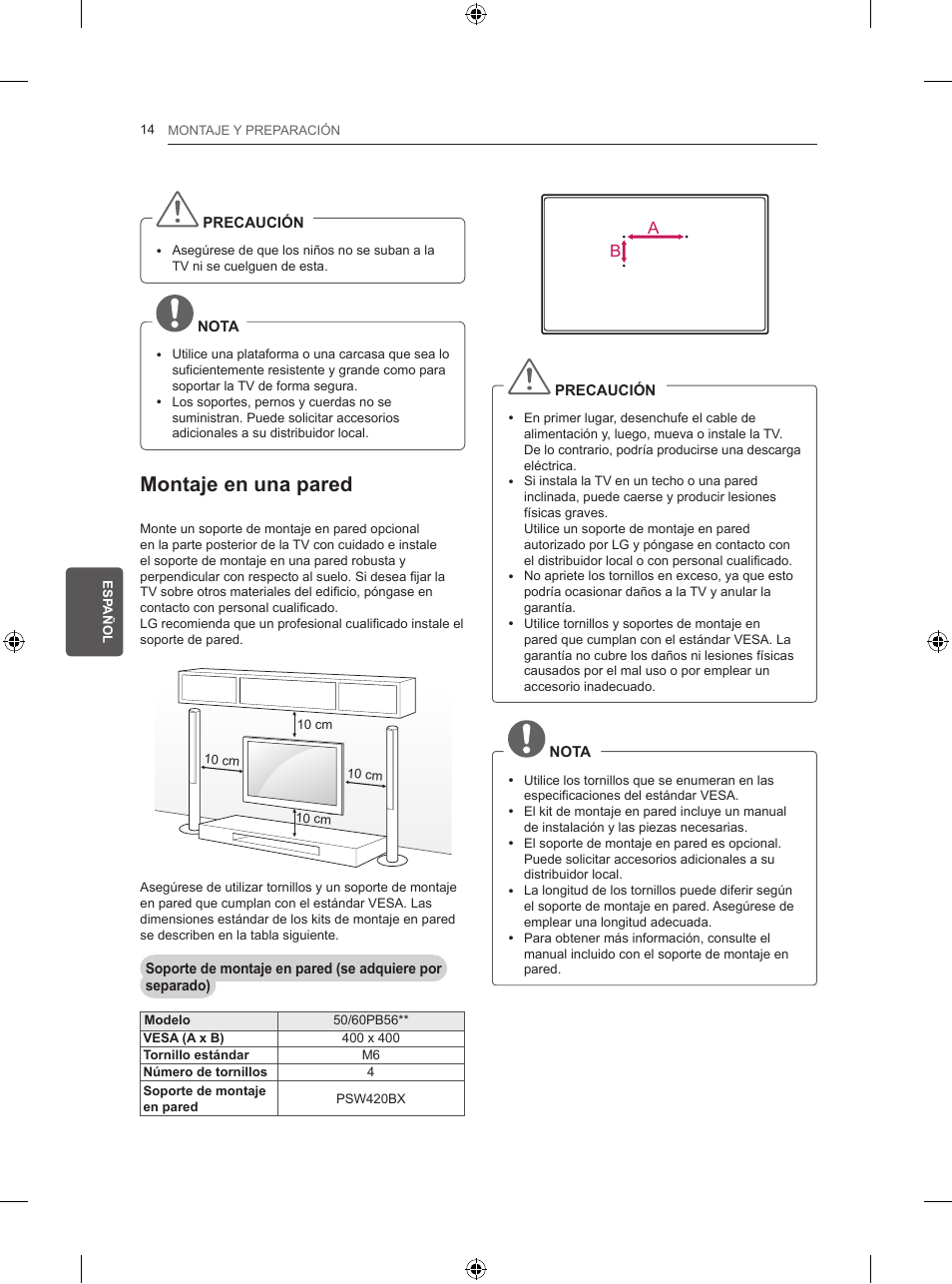 Montaje en una pared | LG 50PB560U User Manual | Page 123 / 227