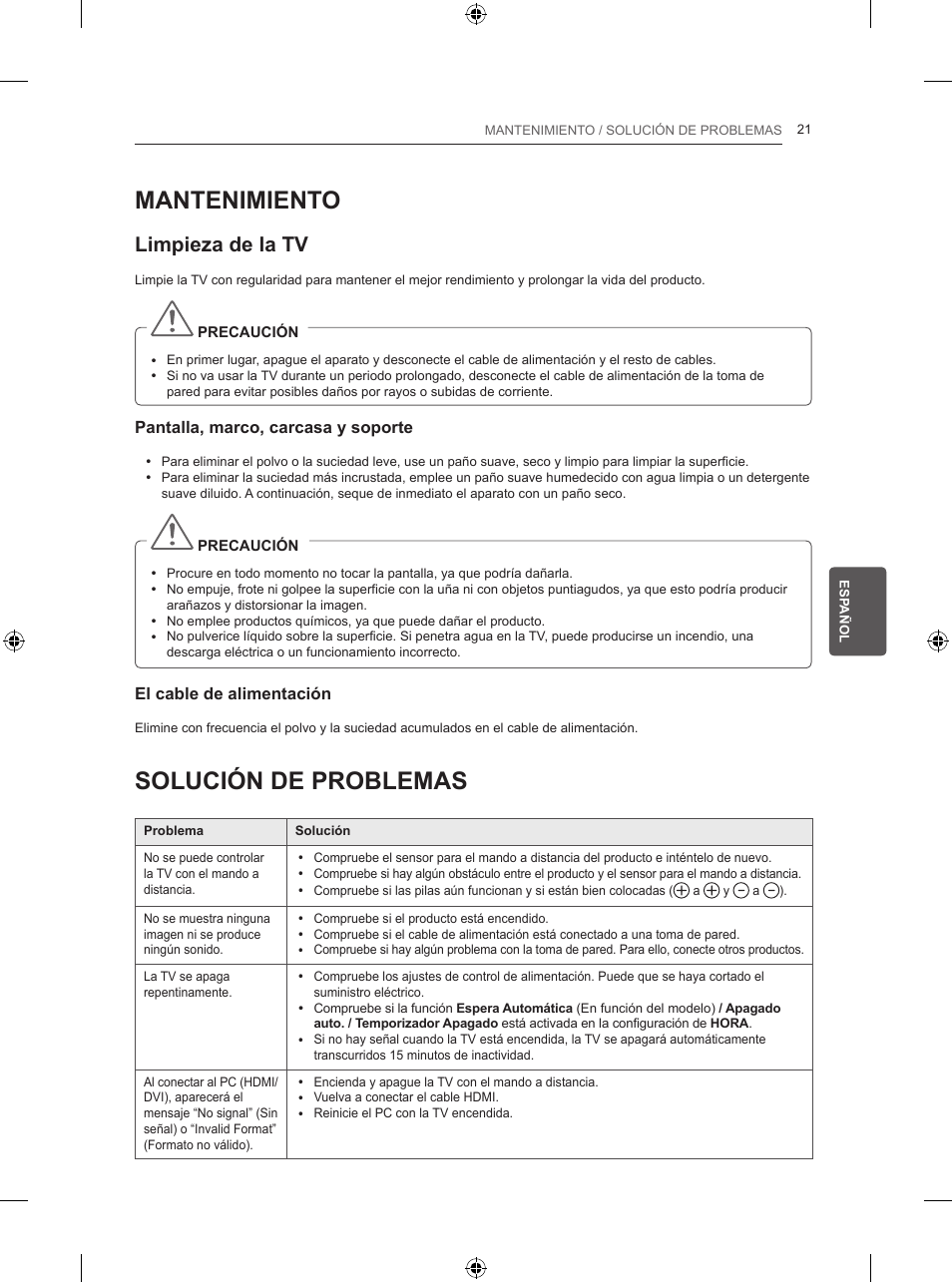 Mantenimiento, Solución de problemas, Limpieza de la tv | LG 50PB560U User Manual | Page 130 / 227