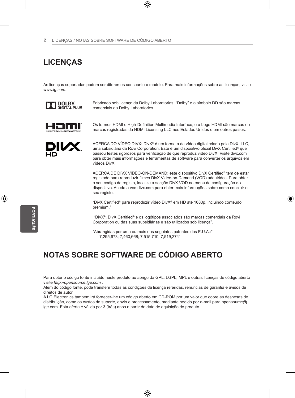 Licenças, Notas sobre software de código aberto | LG 50PB560U User Manual | Page 133 / 227