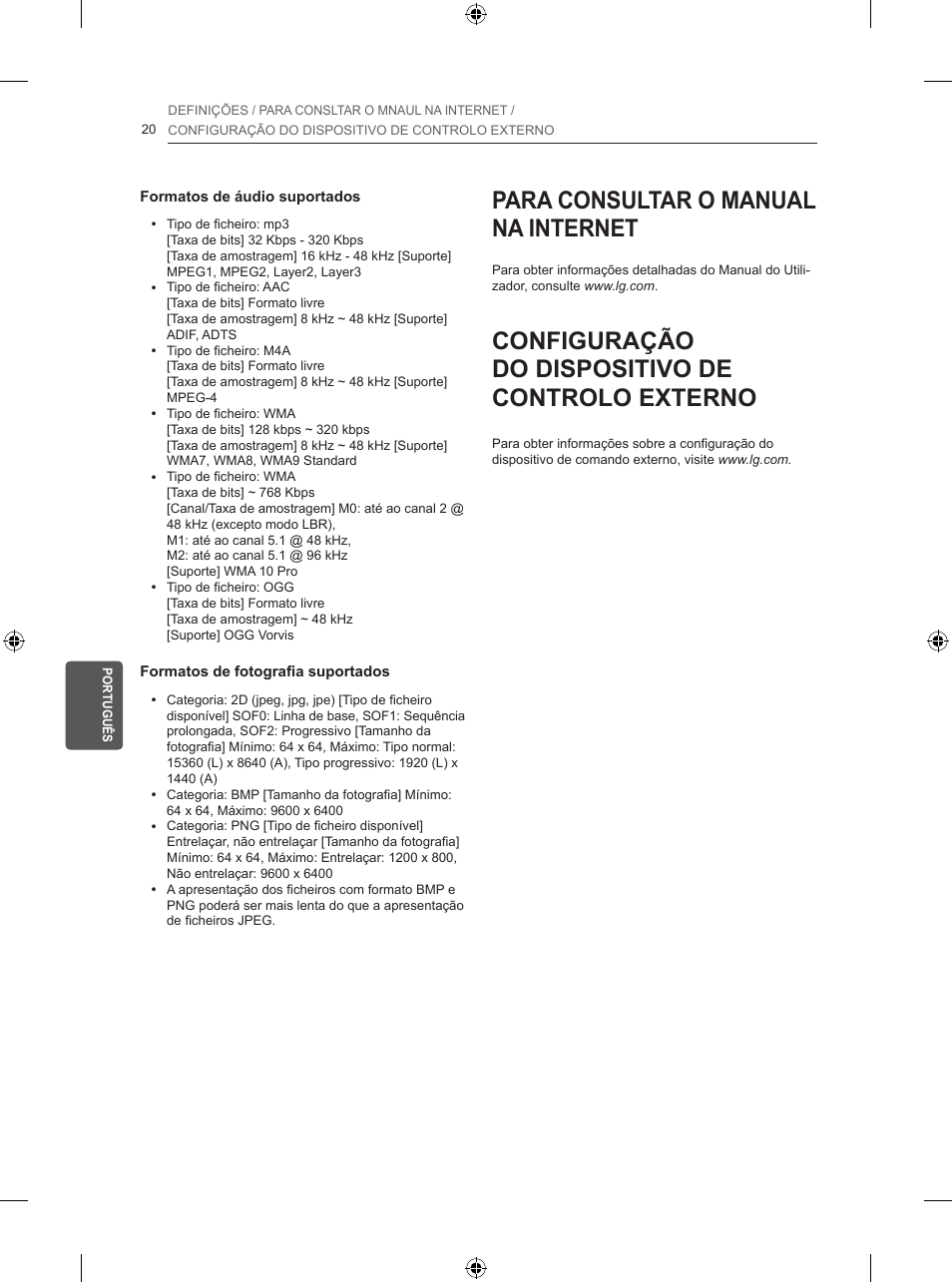 Para consultar o manual na internet, Configuração do dispositivo de controlo externo | LG 50PB560U User Manual | Page 151 / 227