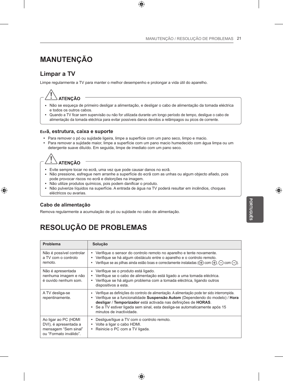 Manutenção, Resolução de problemas, Limpar a tv | LG 50PB560U User Manual | Page 152 / 227