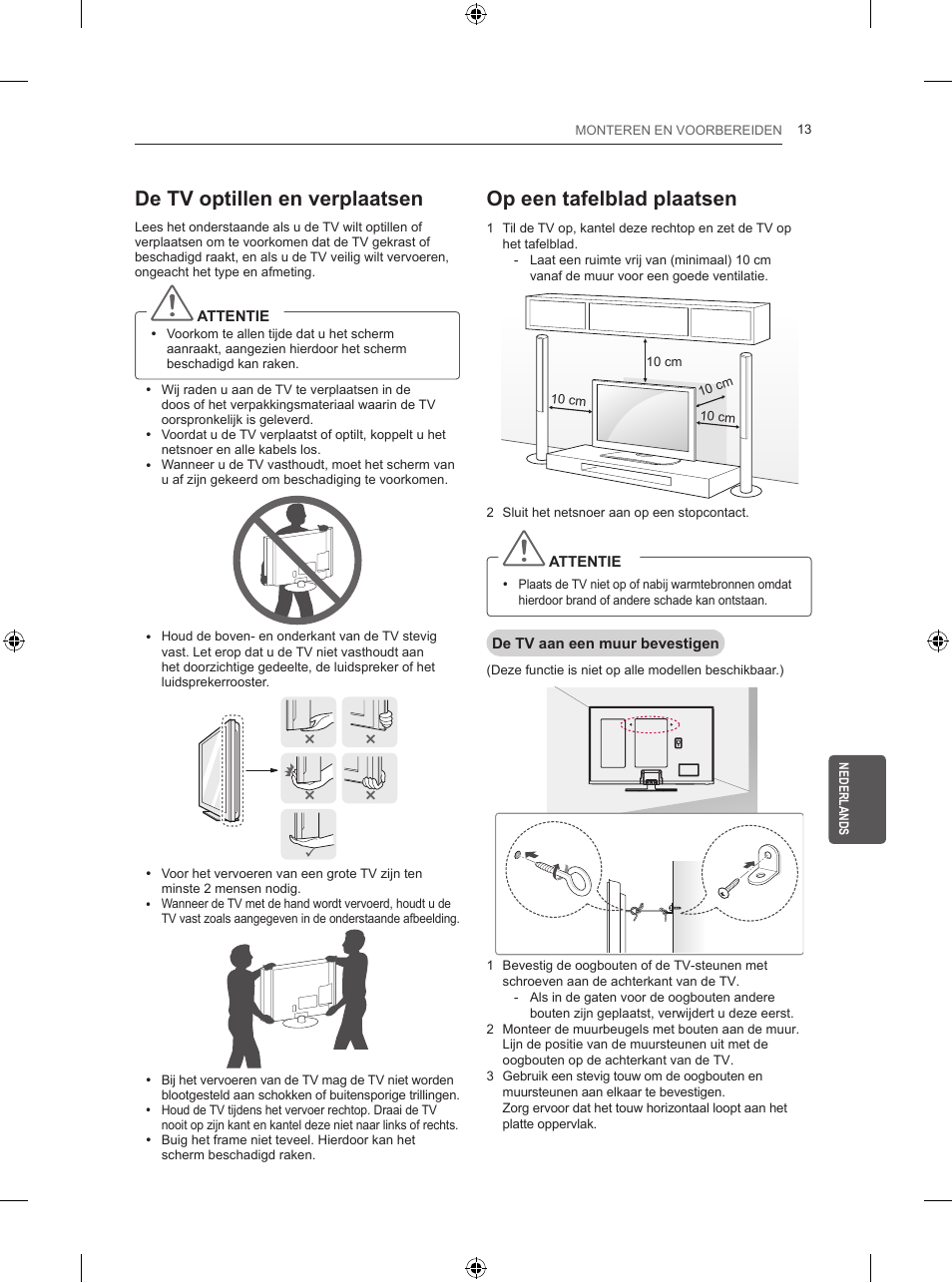 De tv optillen en verplaatsen, Op een tafelblad plaatsen | LG 50PB560U User Manual | Page 166 / 227