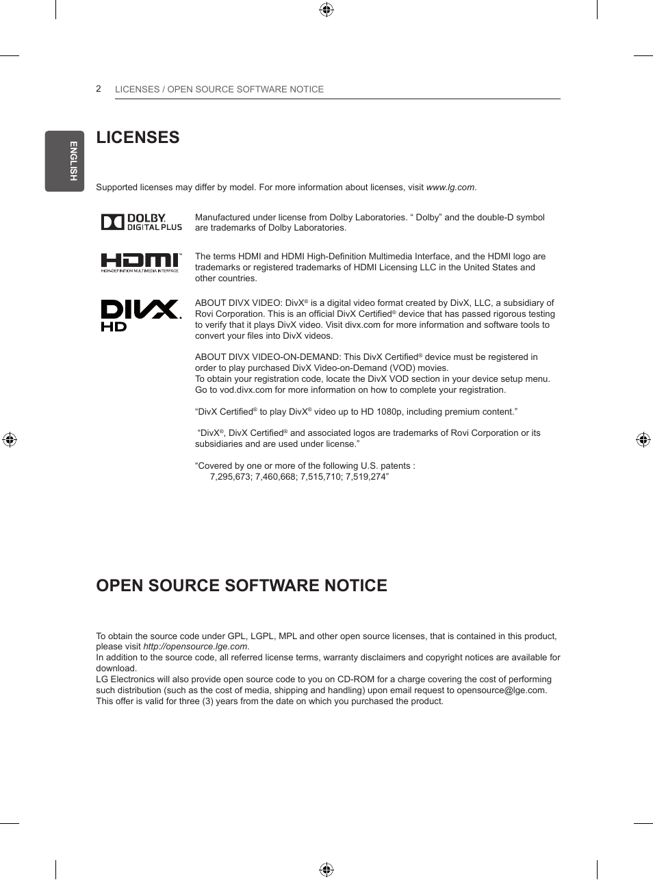 Licenses, Open source software notice | LG 50PB560U User Manual | Page 21 / 227