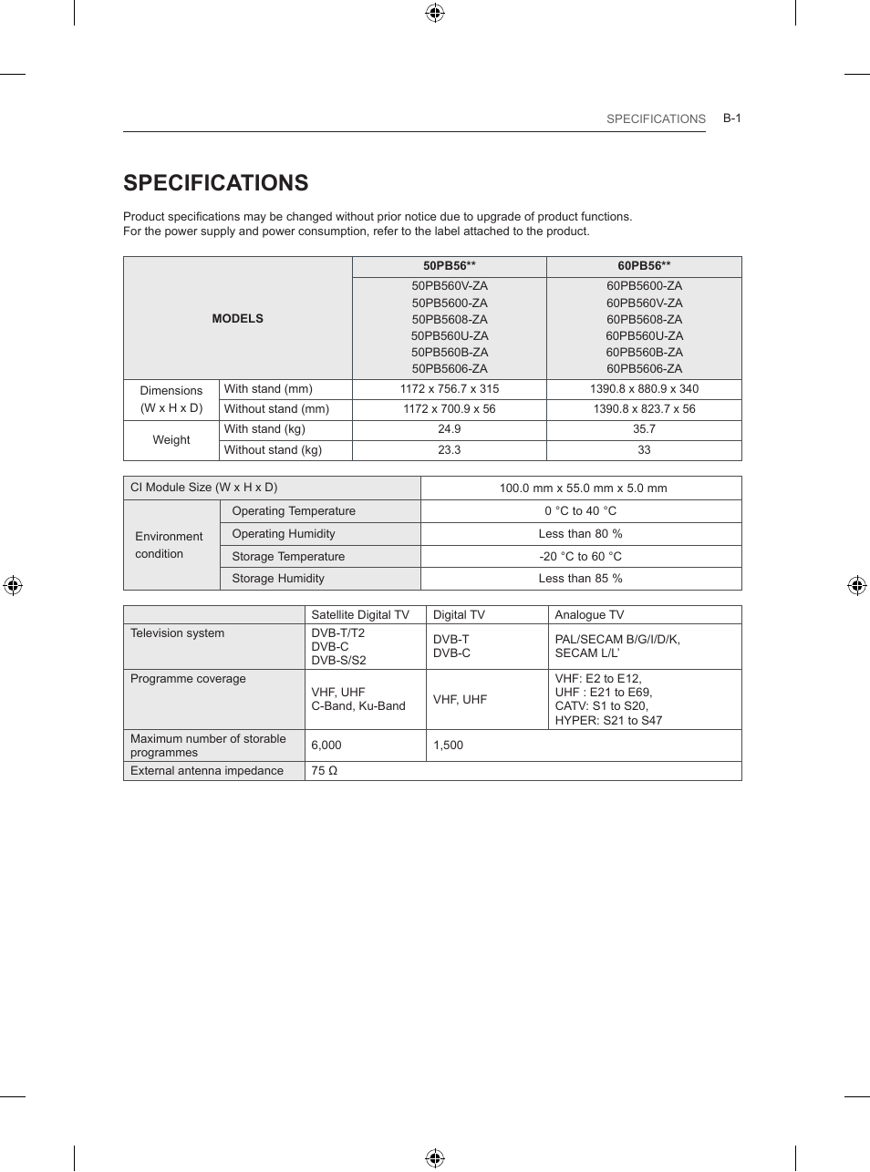 Spec, Specifications | LG 50PB560U User Manual | Page 220 / 227