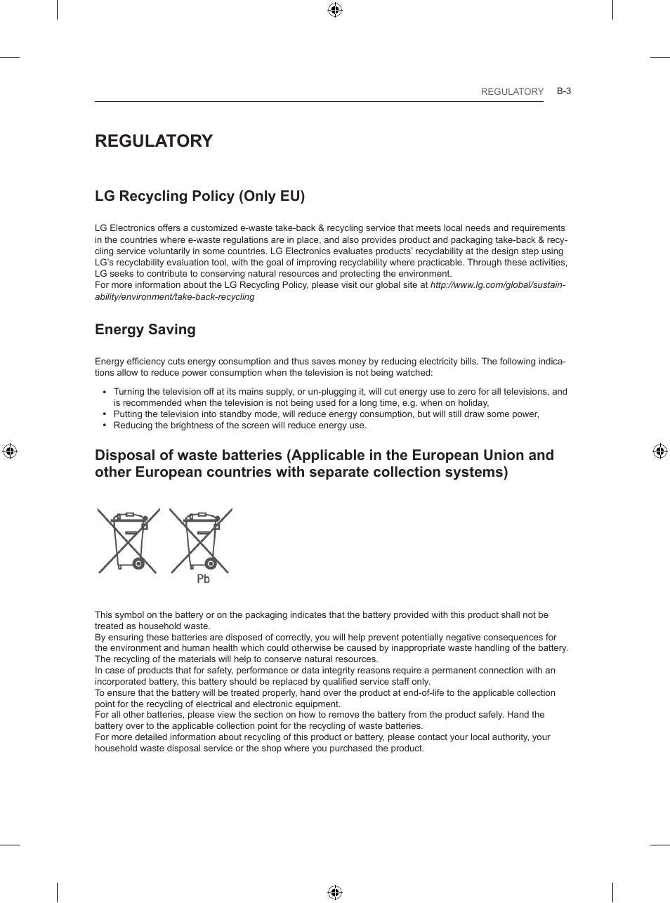 Regulatory, Lg recycling policy (only eu), Energy saving | LG 50PB560U User Manual | Page 222 / 227