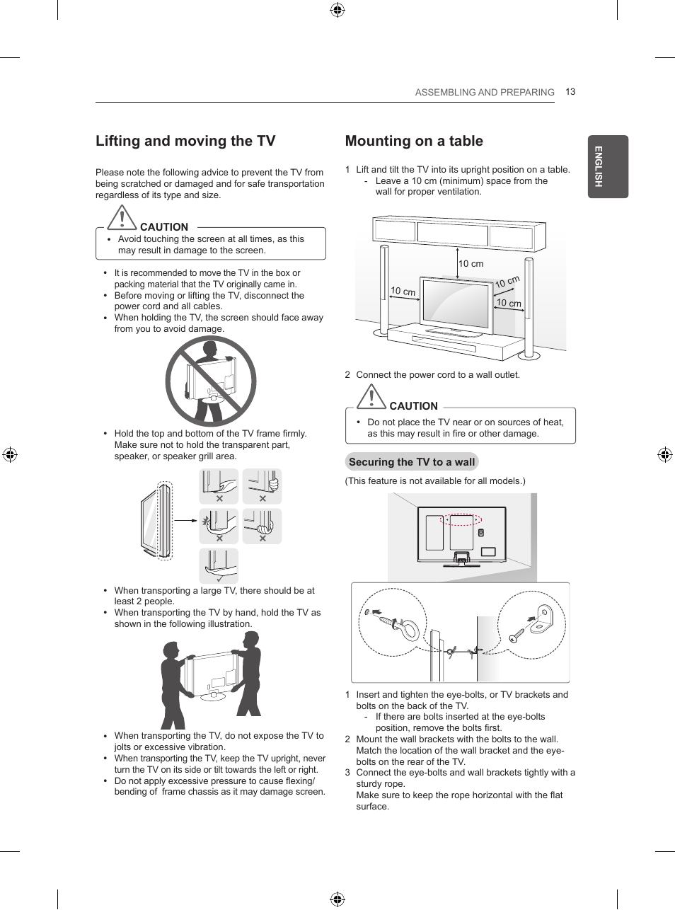 Lifting and moving the tv, Mounting on a table | LG 50PB560U User Manual | Page 32 / 227