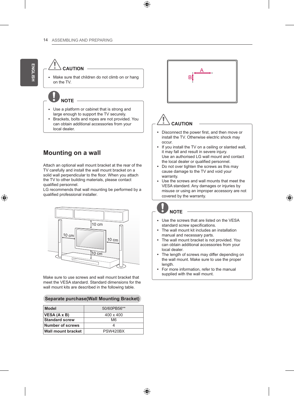 Mounting on a wall | LG 50PB560U User Manual | Page 33 / 227