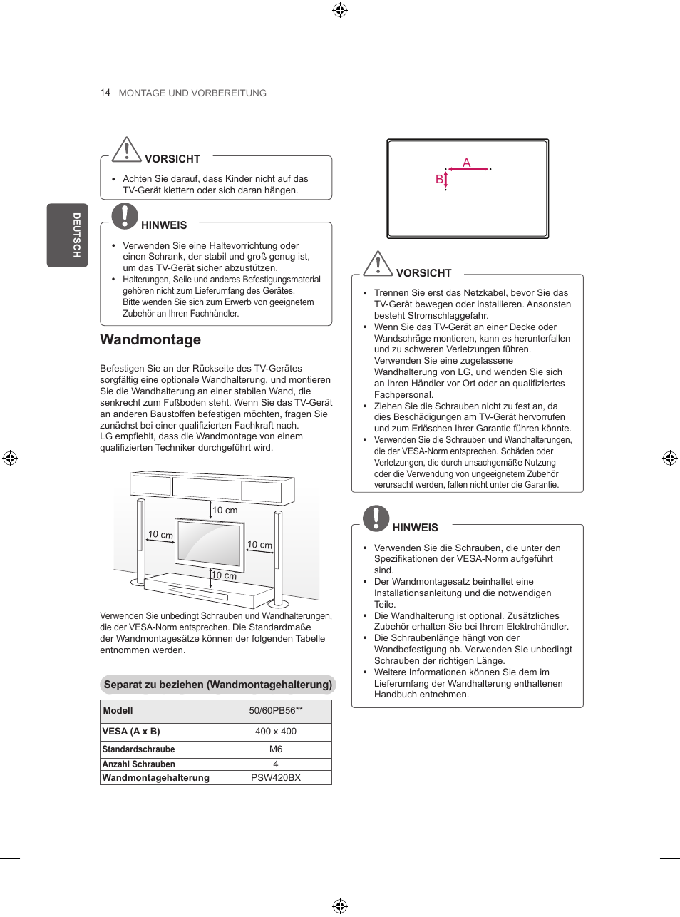 Wandmontage | LG 50PB560U User Manual | Page 55 / 227