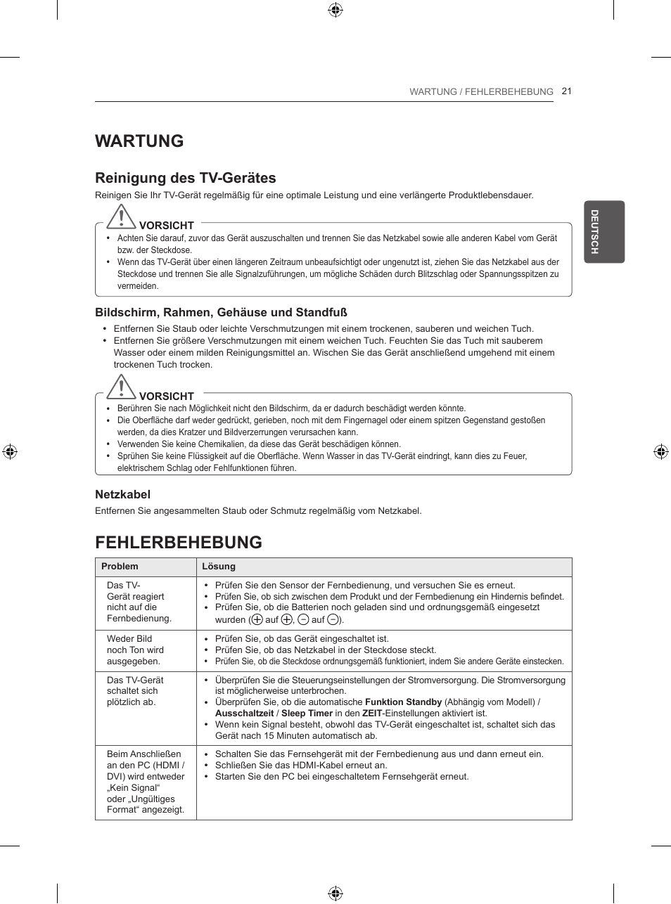 Wartung, Fehlerbehebung, Reinigung des tv-gerätes | LG 50PB560U User Manual | Page 62 / 227