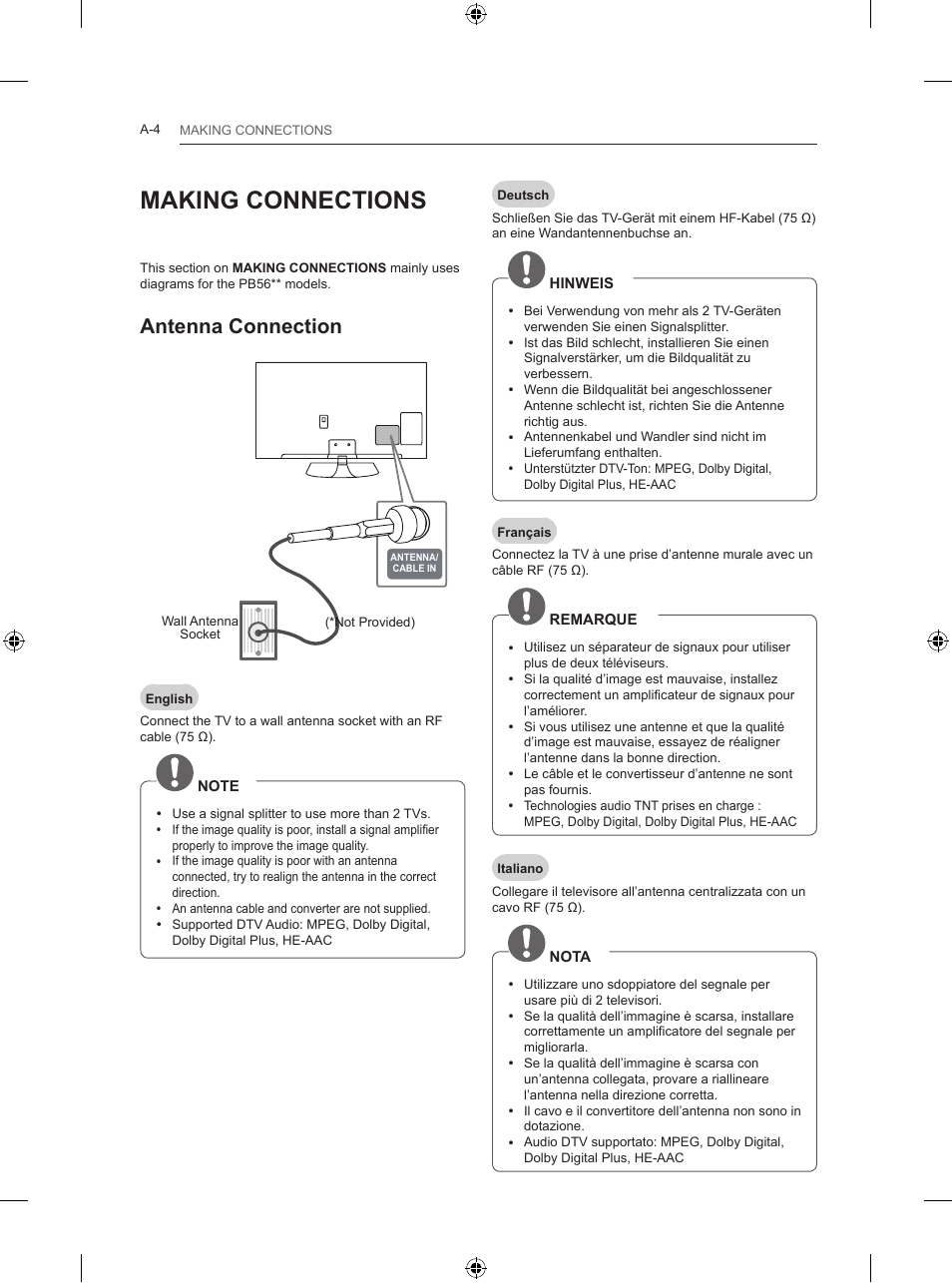 Making connections, Antenna connection | LG 50PB560U User Manual | Page 7 / 227