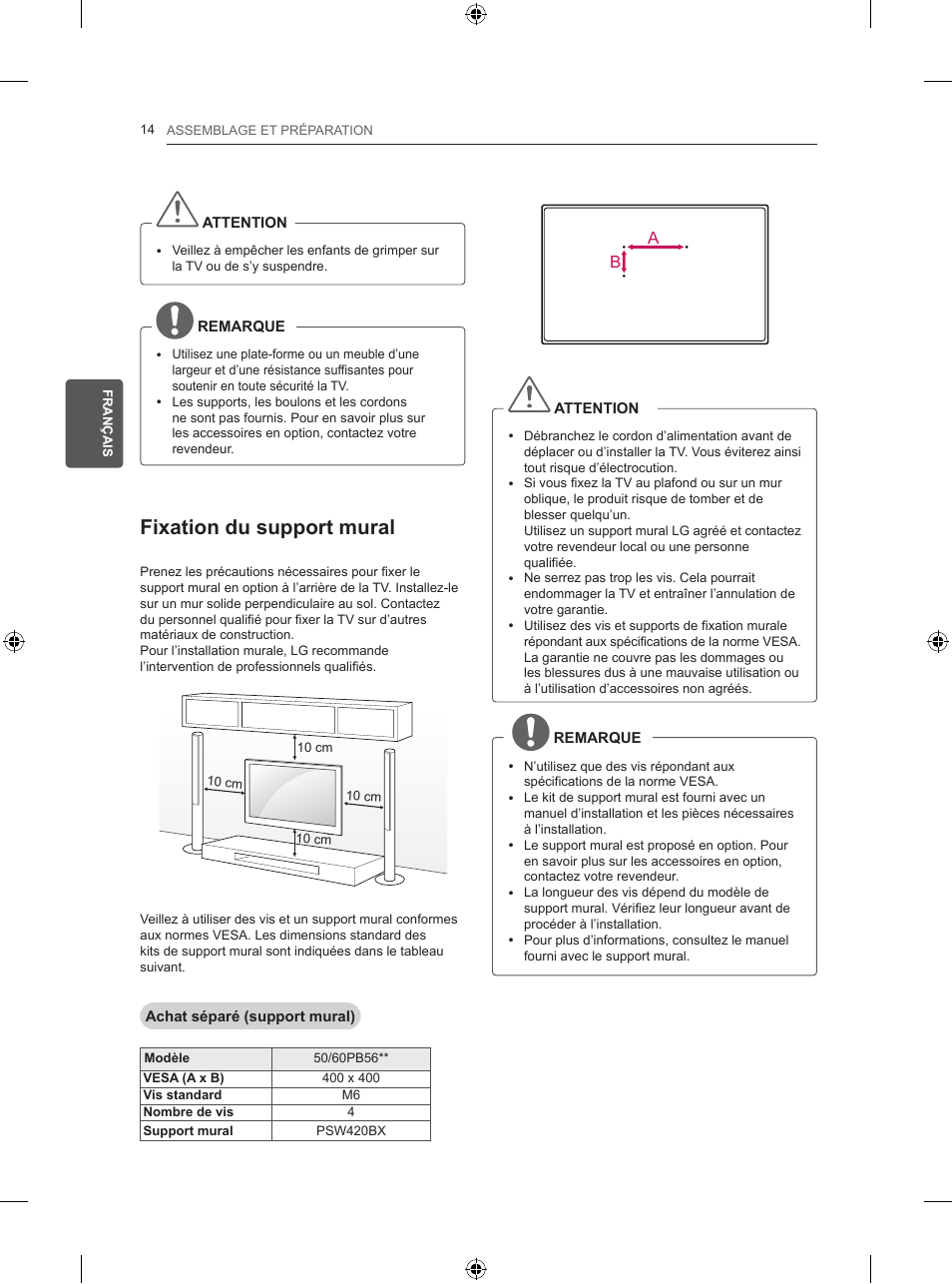 Fixation du support mural | LG 50PB560U User Manual | Page 77 / 227