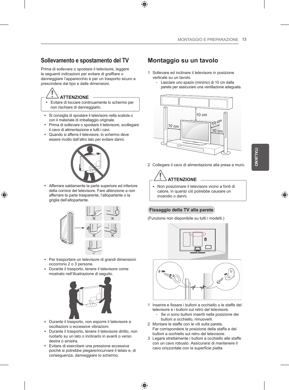 Sollevamento e spostamento del tv, Montaggio su un tavolo | LG 50PB560U User Manual | Page 98 / 227