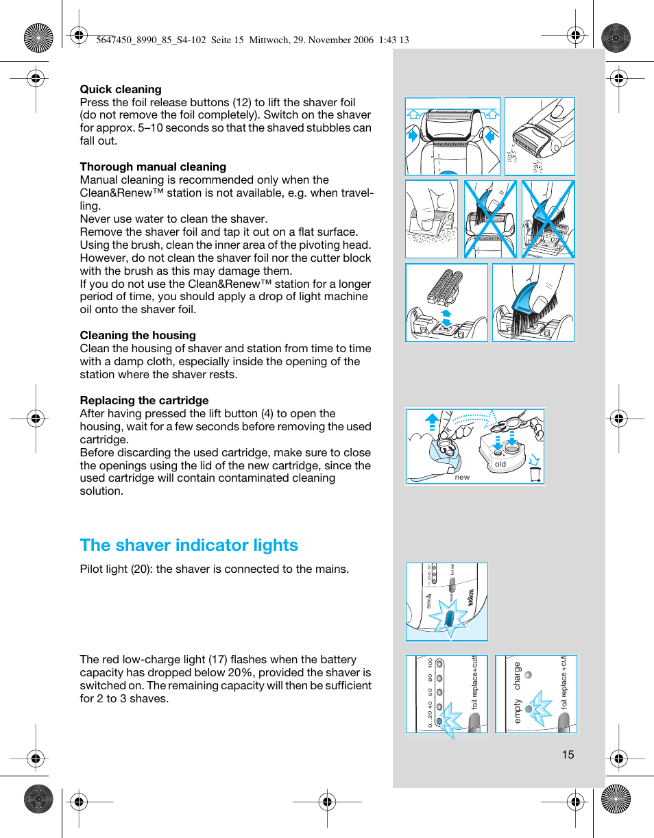 The shaver indicator lights | Braun 8990 360°Complete Solo  EU User Manual | Page 15 / 99