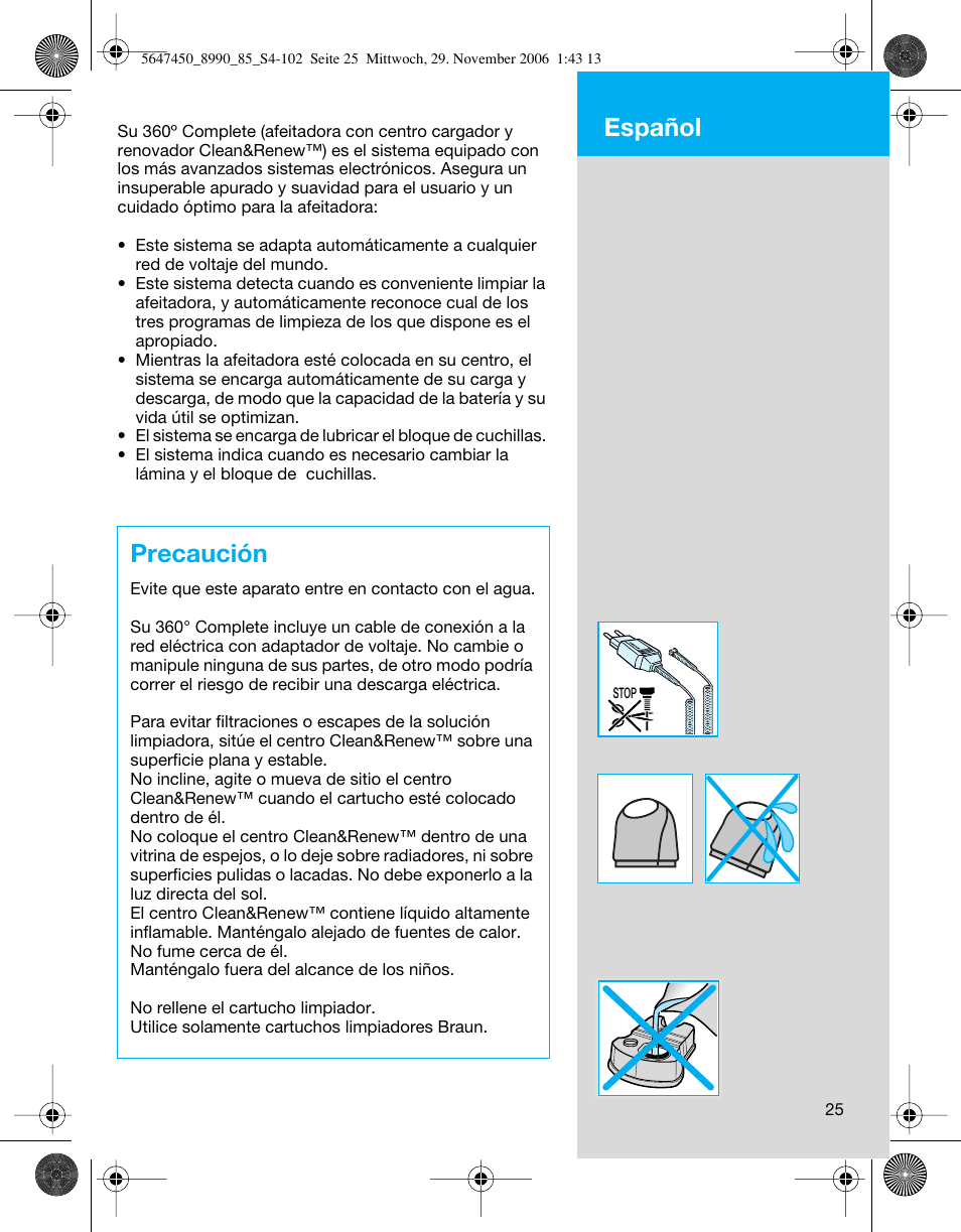 Precaución, Español | Braun 8990 360°Complete Solo  EU User Manual | Page 25 / 99