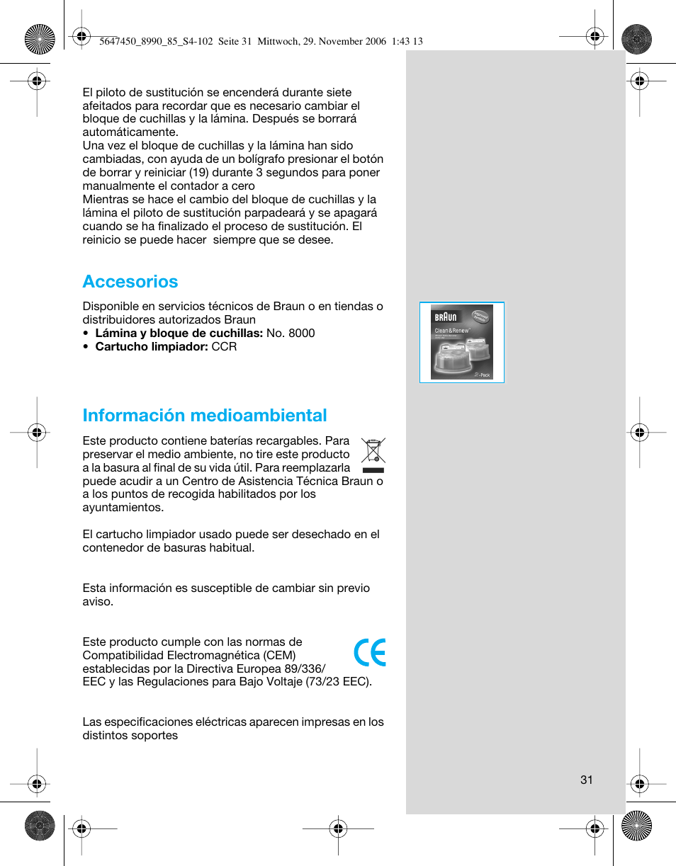 Accesorios, Información medioambiental | Braun 8990 360°Complete Solo  EU User Manual | Page 31 / 99