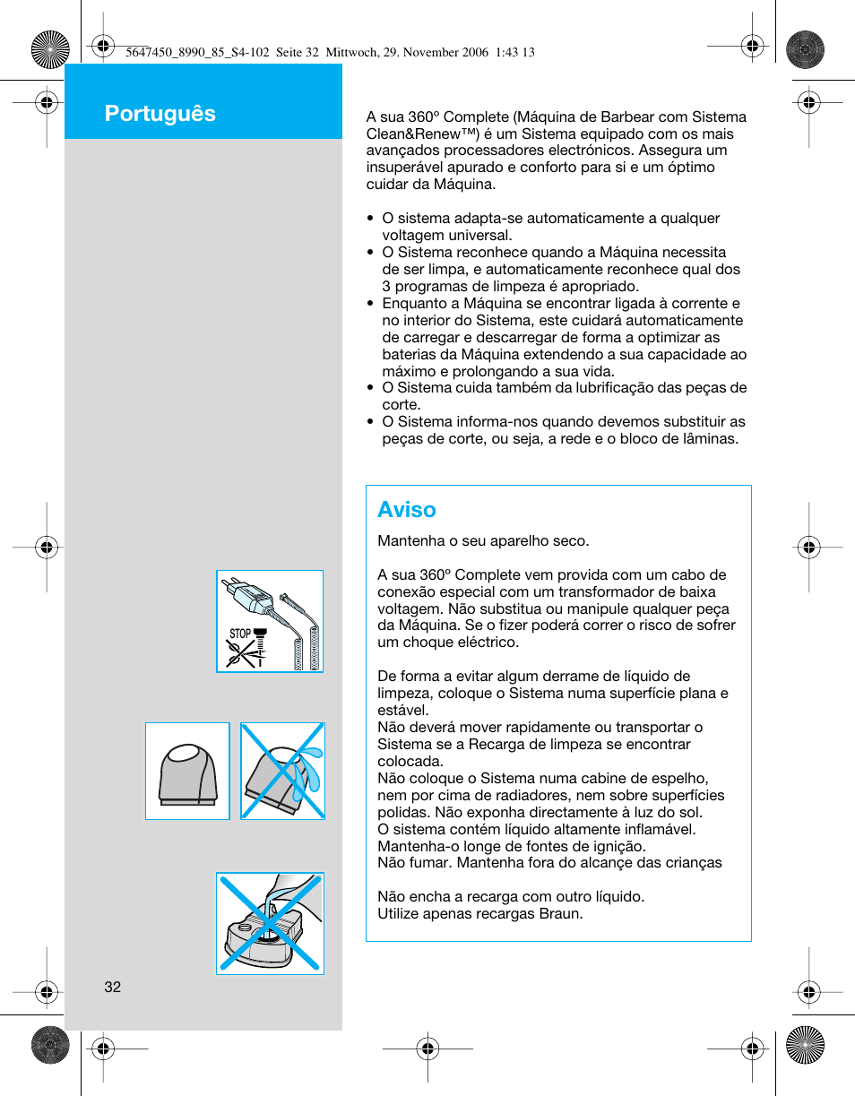Aviso, Português | Braun 8990 360°Complete Solo  EU User Manual | Page 32 / 99