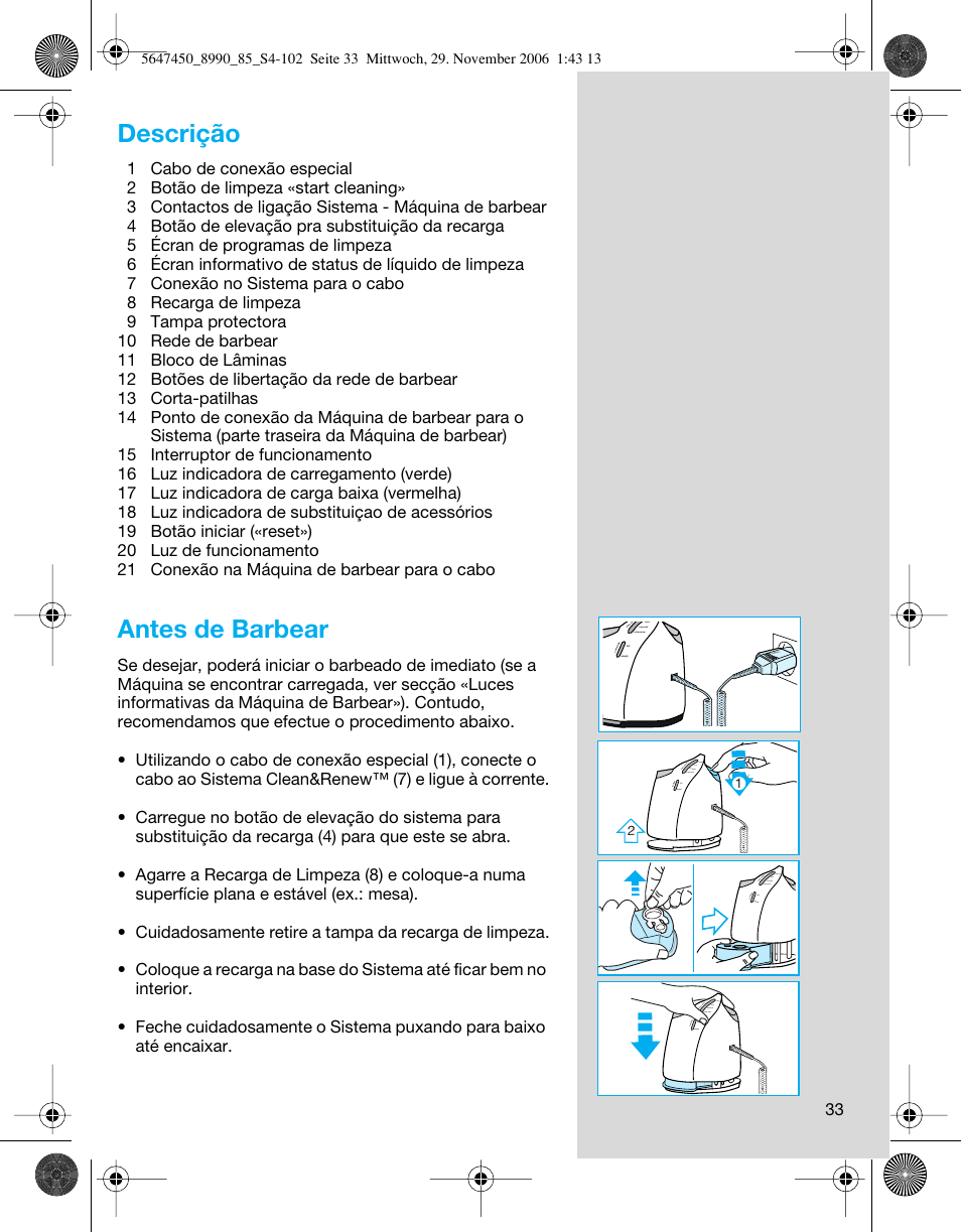 Descrição, Antes de barbear | Braun 8990 360°Complete Solo  EU User Manual | Page 33 / 99