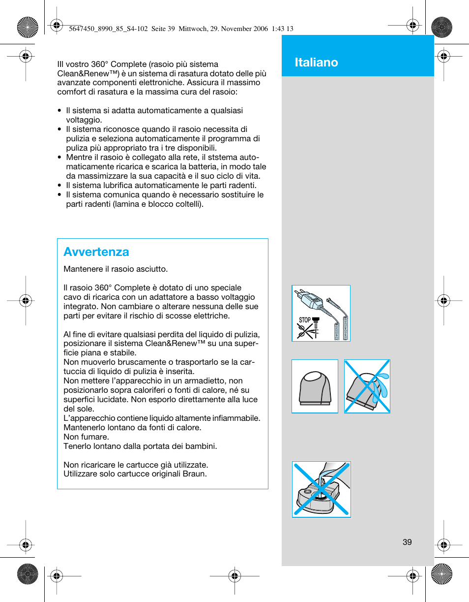 Avvertenza, Italiano | Braun 8990 360°Complete Solo  EU User Manual | Page 39 / 99