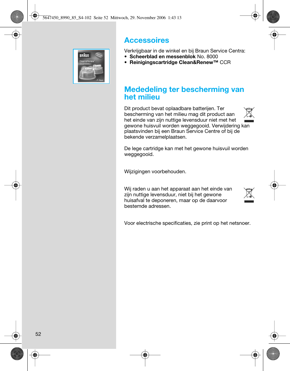 Accessoires, Mededeling ter bescherming van het milieu | Braun 8990 360°Complete Solo  EU User Manual | Page 52 / 99