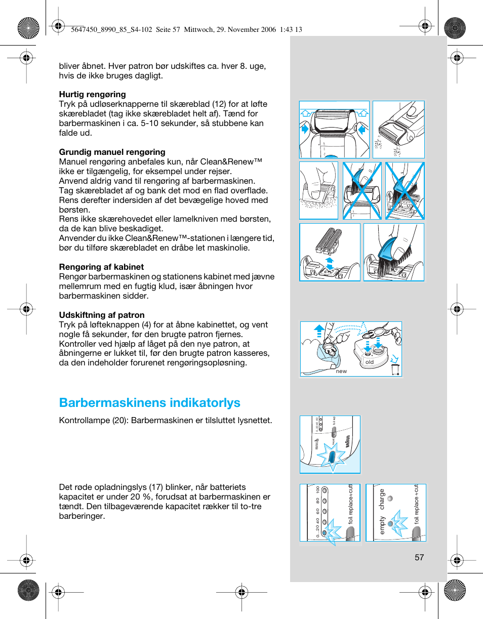 Barbermaskinens indikatorlys, Empty charge | Braun 8990 360°Complete Solo  EU User Manual | Page 57 / 99