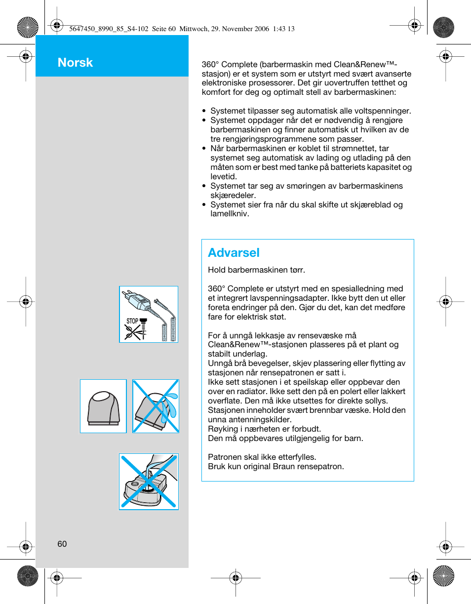 Advarsel, Norsk | Braun 8990 360°Complete Solo  EU User Manual | Page 60 / 99