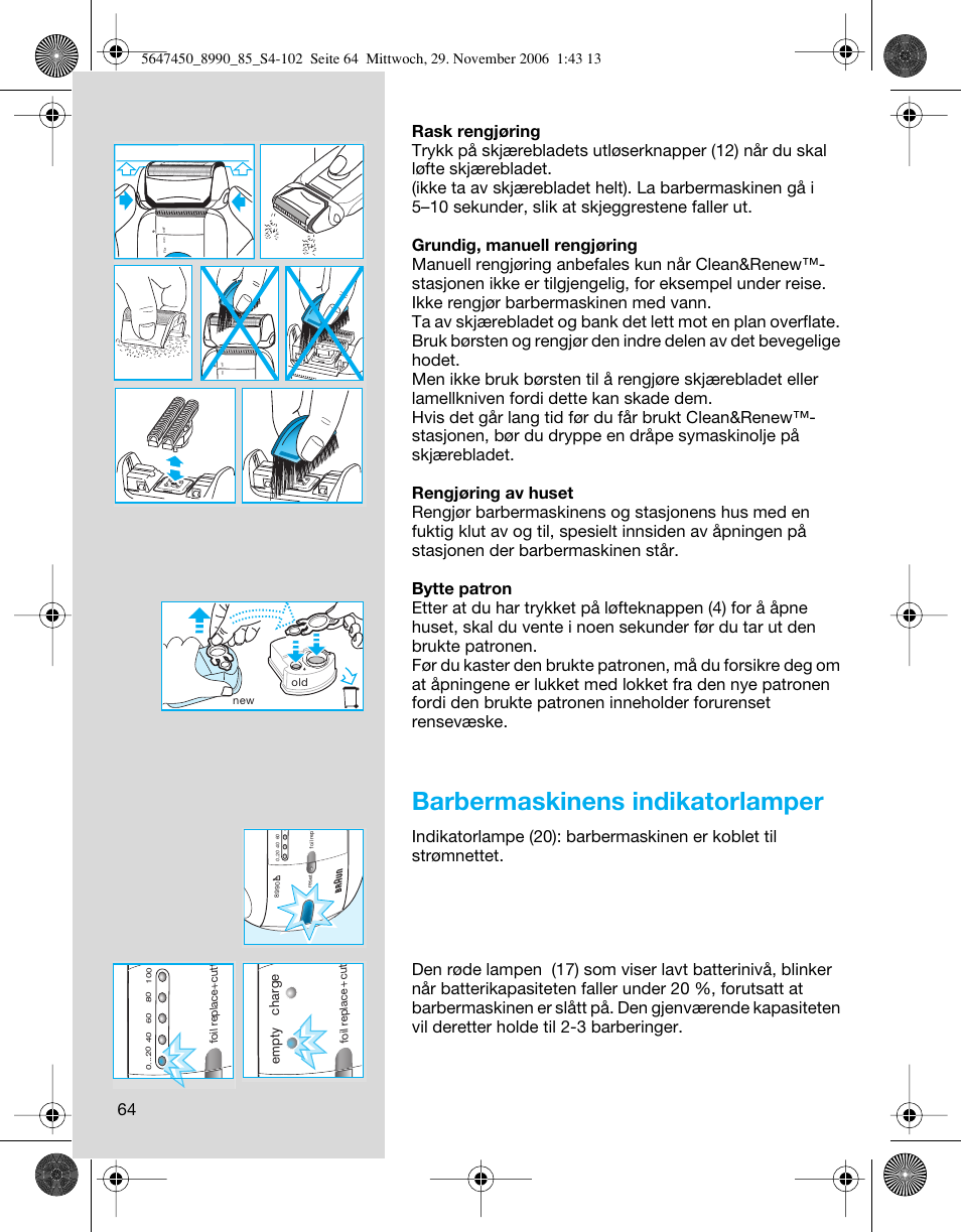 Barbermaskinens indikatorlamper, Empty charge | Braun 8990 360°Complete Solo  EU User Manual | Page 64 / 99