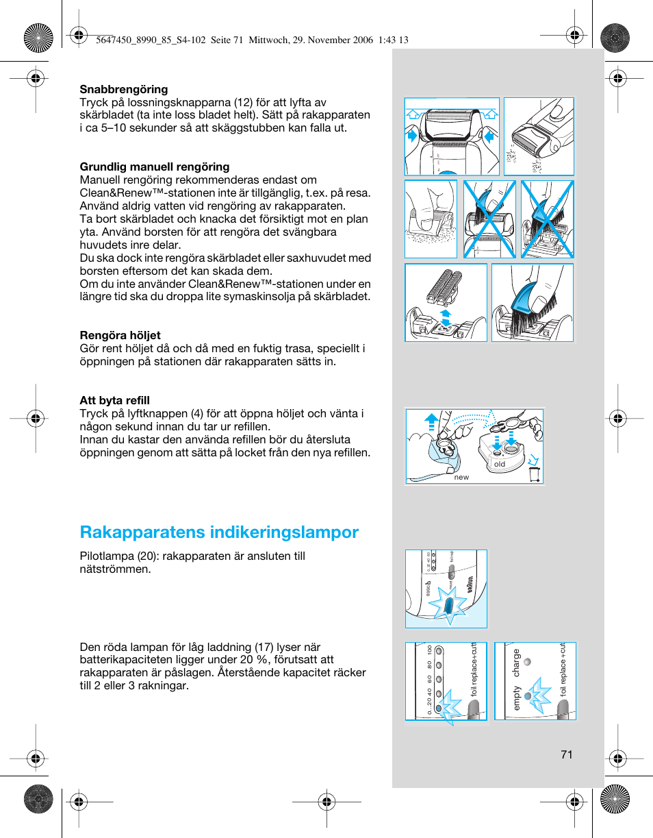 Rakapparatens indikeringslampor, Empty charge | Braun 8990 360°Complete Solo  EU User Manual | Page 71 / 99