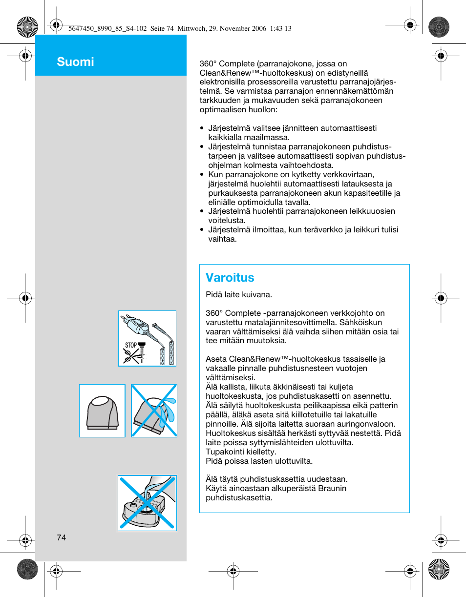 Varoitus, Suomi | Braun 8990 360°Complete Solo  EU User Manual | Page 74 / 99